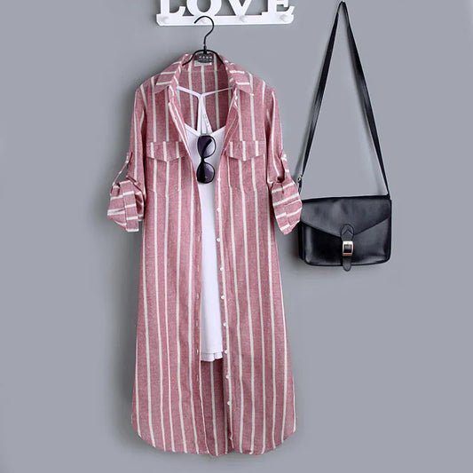 Korean cotton linen vertical stripes Long sleeve blouse women tops and blouses female haut femme long shirt Women Tops & Tees