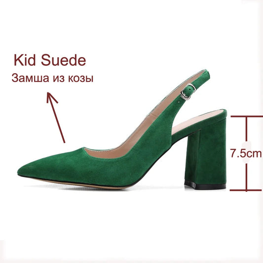 Meotina Kid Suede High Heels Pointed Toe Slingbacks Thick High Heel Pumps Autumn Lady Party Heels Green Beige 34-42 Women Shoe