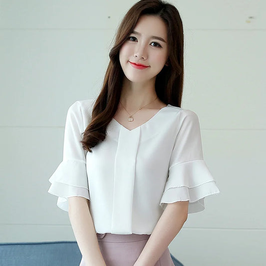 Womens Blouses Summer Flare Sleeve Chiffon Blouse Shirt Ladies Work Wear Office Blusa Feminina Shirts NS3929 women tops - women contemporary - girl tops - girl short