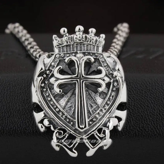LINSION 925 Sterling Silver Shield Cross Mens Biker Rock Punk Pendant 8N028 - Women Jewellery - Girl Jewellery - Women Accessory - Girl Accessory