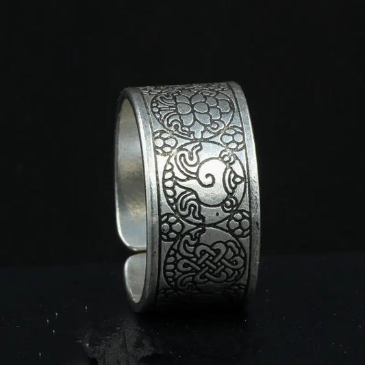 R122 Tibetan Lucky Eight Auspicious Amulet Open Ring for Man Metal White Copper Carved Babao Totem - Women Jewellery - Girl Jewellery - Women Accessory - Girl Accessory