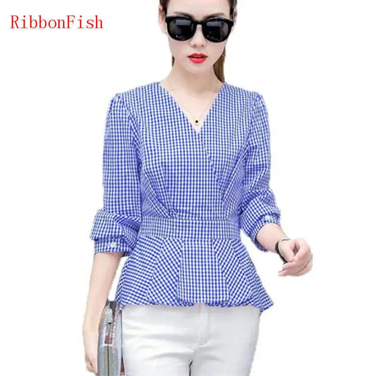 Fashion Woman Summer Slim Clothes Office Wear Plaid Shirt Chiffon Blouses Brand Design Blue Madam Fit Model Women Casual - Women Tops - Women Dress For Work