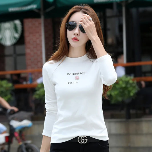 New Design T Shirt Women Long Sleeve Cotton T-shirts Autumn Winter Tops Tees Fashion Appliques Letter Print Female T-shirt Shirt Women Tops & Tees