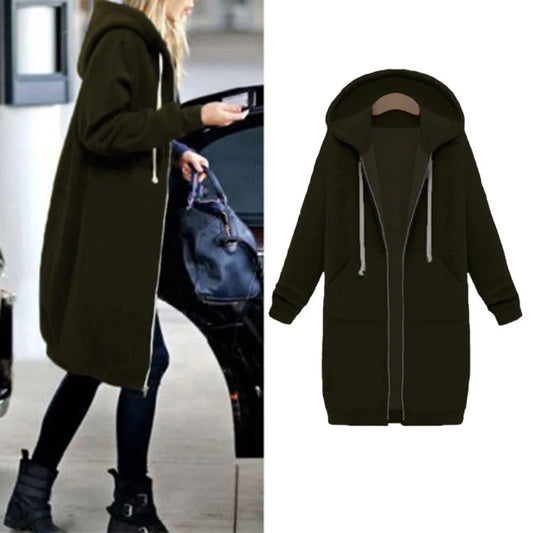 HGTE Autumn Winter Coat Women's Fashion Casual Long Jacket With Hooded Zipper Hooded Sweatshirt Vintage Outwear Women Coat Plus Size