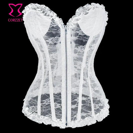 Embroidery Padded Cup White Lace Corset Sexy Gothic Bustier Top Bridal Corpetes Zipper Push Up Corsets Bustiers Wedding Lingerie - girl short