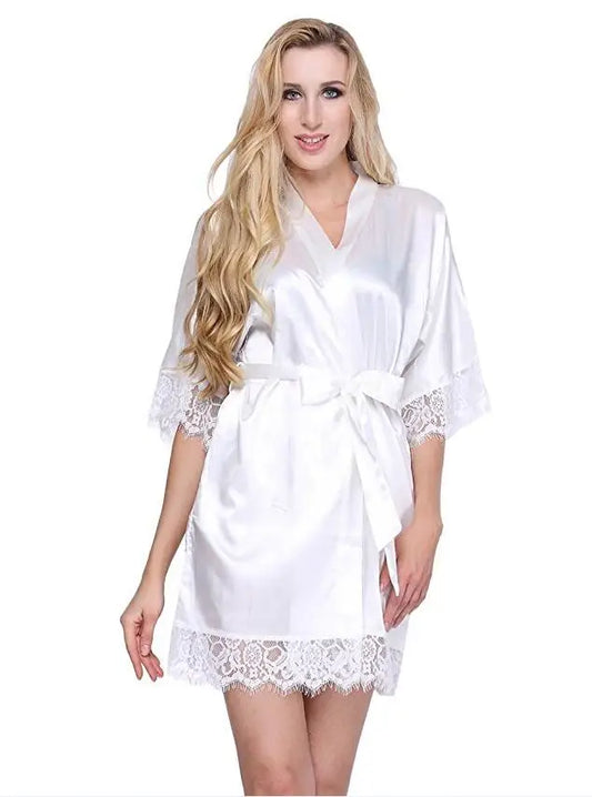 Sexy Wedding Dressing Gown Satin Bride Robe Lace Silk Kimono Bathrobe Summer Bridesmaid Nightwear Plus Size Peignoir women short