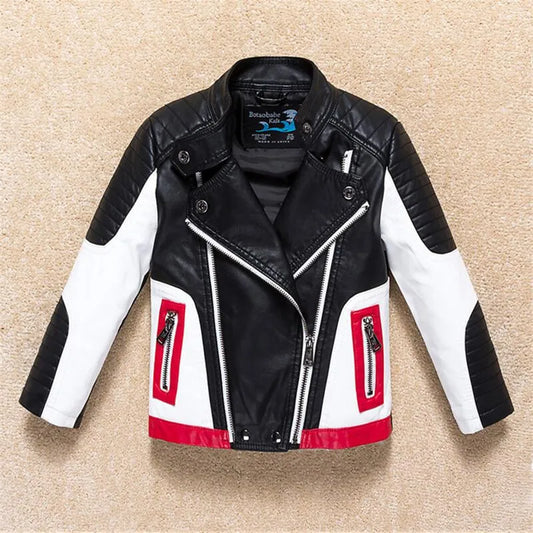 Kids Leather Jacket Children Spring Autumn Waterproof Windproof Coat Hit Color Stitching Locomotive Jacket Boy Jacket - Girl Jacket