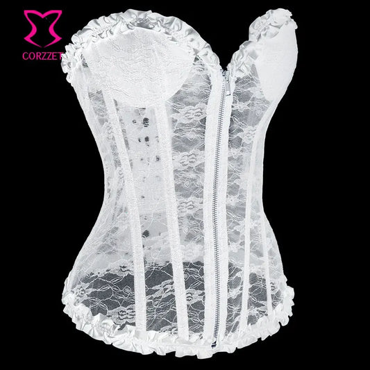Embroidery Padded Cup White Lace Corset Sexy Gothic Bustier Top Bridal Corpetes Zipper Push Up Corsets Bustiers Wedding Lingerie - girl short