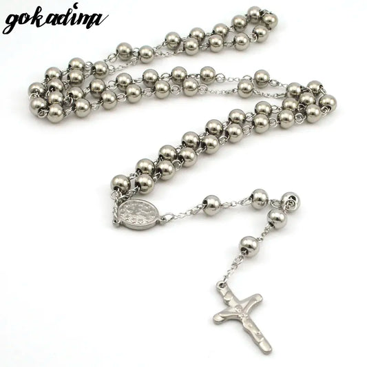 Gokadima 8mm, Christmas Religious Jewelry Catholic, Stainless Steel Necklace Cross for Men Beads Rosary Necklace - Men Jewellery - Men Accessory