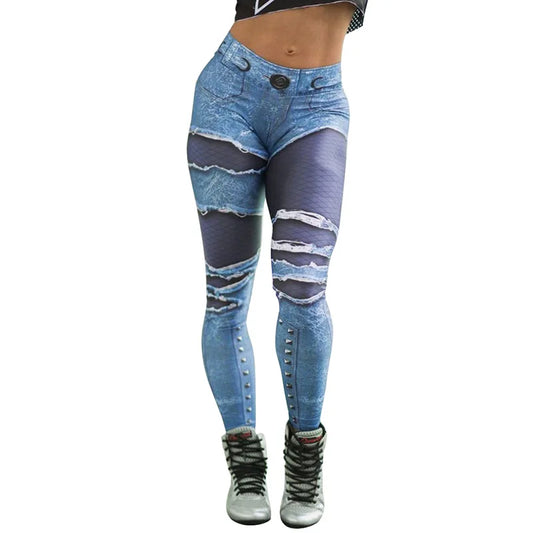 Woman Leggings Pocket Hole Imitation Denim Hip Athletic Pants Digital Printing Leggings Mujer Women Legging