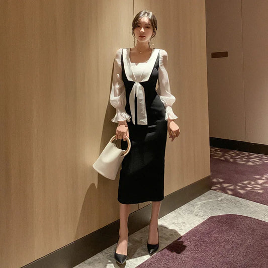 Contrast Black Woman Zipper Bodycon Wrap Long Puff Sleeve Dress Ladies with Bow Winter Women Dress For Work - Women Tops