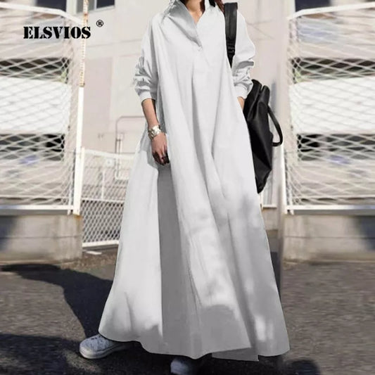 Vintage Ethnic Style Cotton Linen Casual Loose Maxi Party Dress Turn-down Collar Buttons Long Sleeve Women Plus Size Clothing