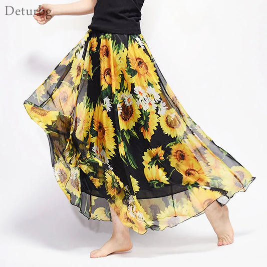 Women's BOHO Elegant Florals Print Chiffon Long Skirt Ladies Slim High-Waist Elastic Waist Pleated Skirts SK15 - Women Casual - Women Cloth
