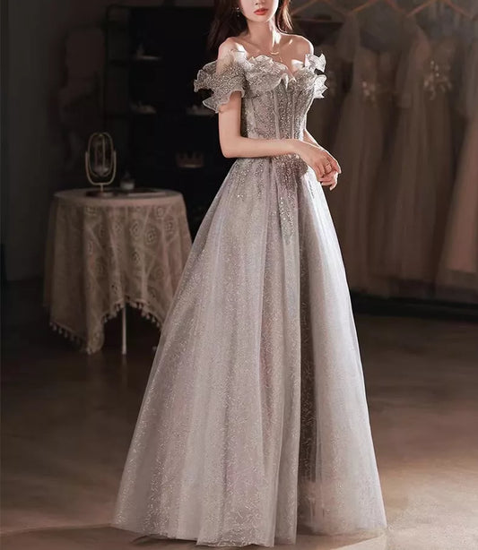 Elegant Gray Flowers Evening dress Off Shoulder Shiny Sequin Lace A-line Ruched Lace-up Woman Formal Party Gowns New Women Prom - Women Casual