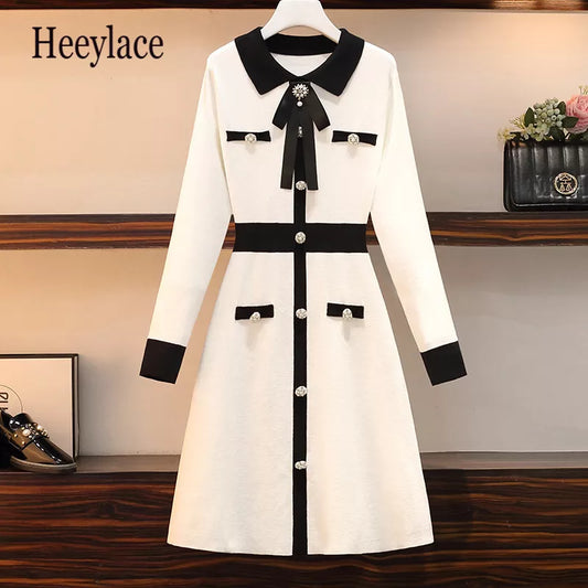 Elegant Women's Beading Button Knitted Dress Women Plus Size Cloth Chic Autumn Black White Hit Color Pearl Bowknot Lapel Collar Sweater Women Work Dress