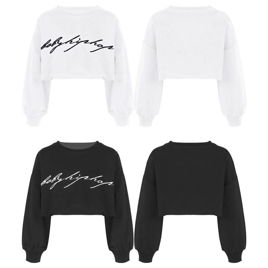 Kids Sports Crop Tops Hip Hop Jazz Dance Clothing Long Sleeves Round Neckline Letter Print Gymnastics Workout Crop Girl Tops