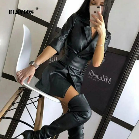 Lace Mesh Sleeve Patchwork Women Sexy Dress Autumn Stand Collar Print Zipper Pocket PU Leather Dress Elegant Slim A-Line Dresses Women Prom - Women Tees - Women Short