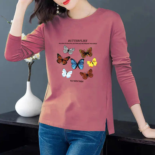 Butterfly Top Woman Cotton Long Sleeve Graphic T-Shirts Plus Size Woman Clothing Female Basic Tee Shirts Tunics Women Tops - Women Casual
