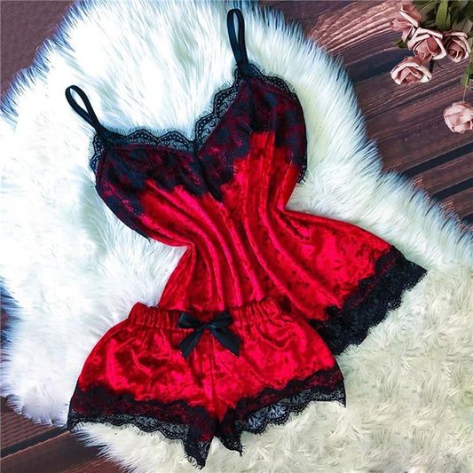 Sexy Women Sleep Wear Camisole Bow Shorts V-Neck Tops Velvet Pajamas Sleepwear Hot women lingerie