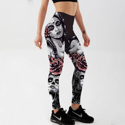 Qickitout New Arrival Sexy Girl With Roses Printed Gothic Fitness Workout Mid Waist Pants women legging