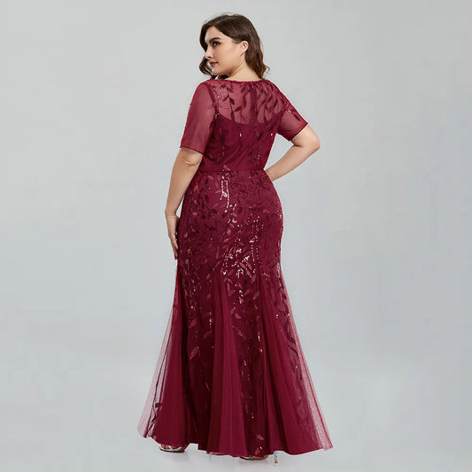 Sequin Mesh Embroidery Mermaid Evening Dress Formal Short Sleeve Elegant Party Gowns New Long Women Plus Size Clothing - Women Prom