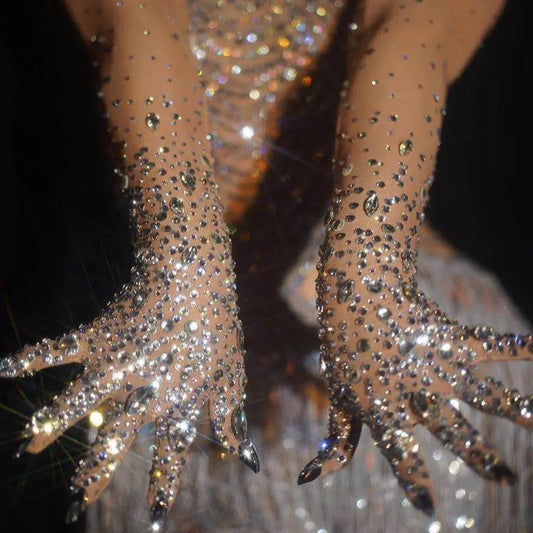Rhinestones Luxury Gloves Women Sparkly Crystal Party Prom Mesh Elbow Long Gloves Dancer Singer Nightclub Stage Show Accessories - Women Jewellery - Girl Jewellery - Women Accessory - Girl Accessory