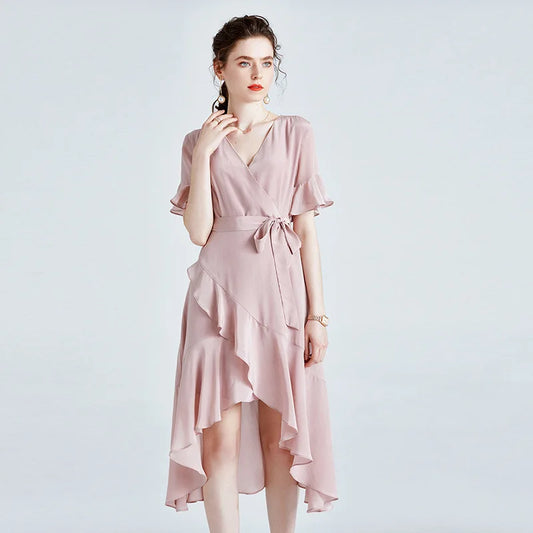 Pink Irregular Silk Dresses Woman Natural Silk Summer Long Casual Sexy Office Daily Dress Plus Size Slim Fit A Line Women Dress For Work - Women Prom