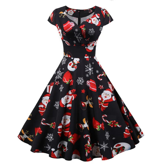 Women Christmas Party Dress Short Sleeve V Neck Elegant Vintage Print Xmas New Year Prom Sundress 3XL Robe