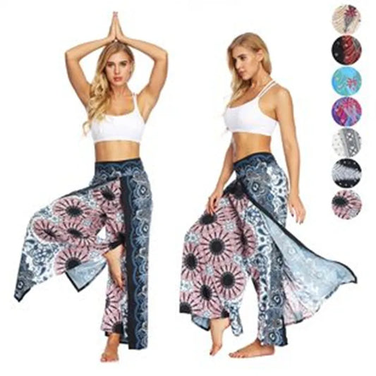 Woman Casual Slit Wide Leg Pants Boho Yoga Pants Hippie Bohemian Pilate Summer Beach Elastic Closure High Waist Baggy Women Trousers