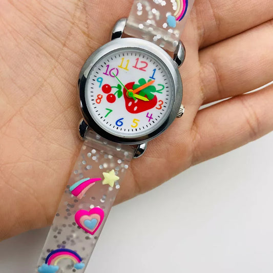 Kids Fashion Transparent Silicone Strap Cute Strawberry Pointer Dial Clock Waterproof Girl Watch