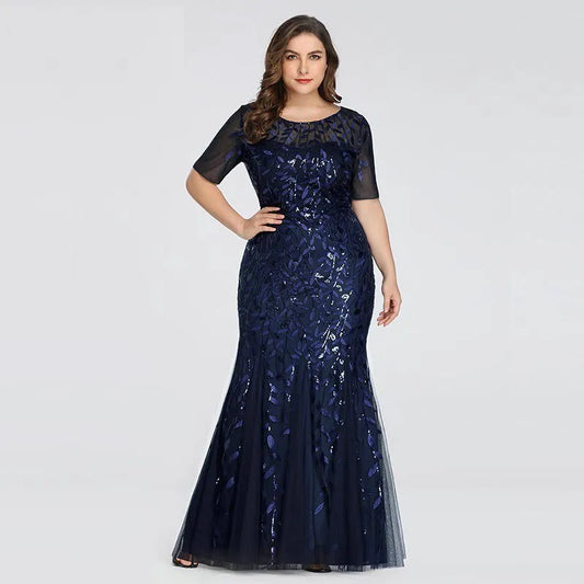 Sequin Mesh Mermaid Slim Evening Dress Beaded Leaves Pattern Formal Woman Elegant Party Gowns Short Sleeve Women Plus Size Clothing - Women Prom
