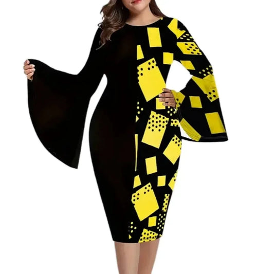 Women's Church Dresses Business Bodycon Flared Sleeve Round Neck 5Xl Patchwork Peplum Curvy Pencil Dresses Women Dress For Work - Women Plus Size Clothing