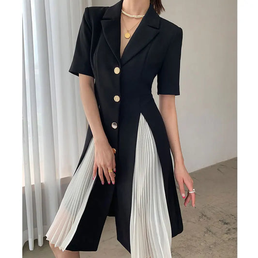 Elegant Black Woman Midi Dress Summer V Neck Female Robe Patchwork Pleated Short Sleeve Office Lady Vestido Plus Size 4XL Women Dress For Work - Women Prom