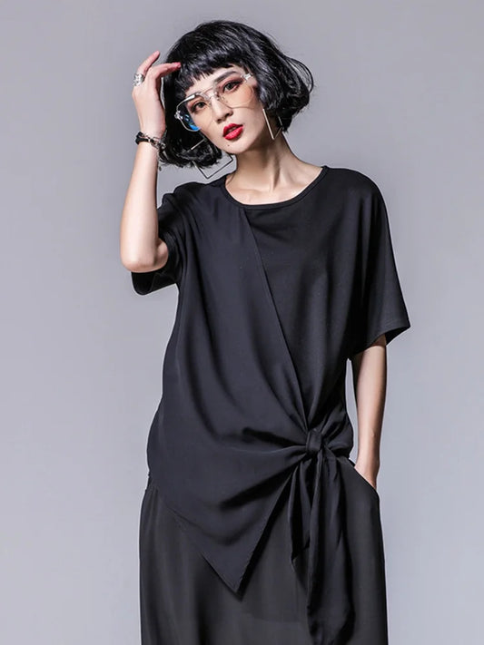 Women Black Asymmetric Chiffon Pleated Big Size T-shirt New Round Neck Short Sleeve Fashion Spring Summer Women Tops & Tees