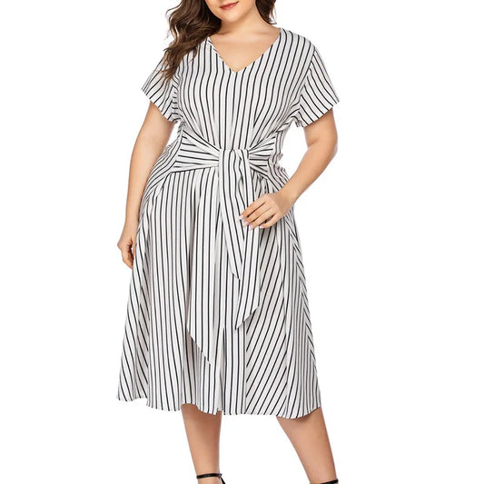 Spring/Summer Plus Size Women's Home Furnishings Pajamas Fat MM Stripe Printed V-neck Short Sleeve Lace Dress Women Short - Women Casual