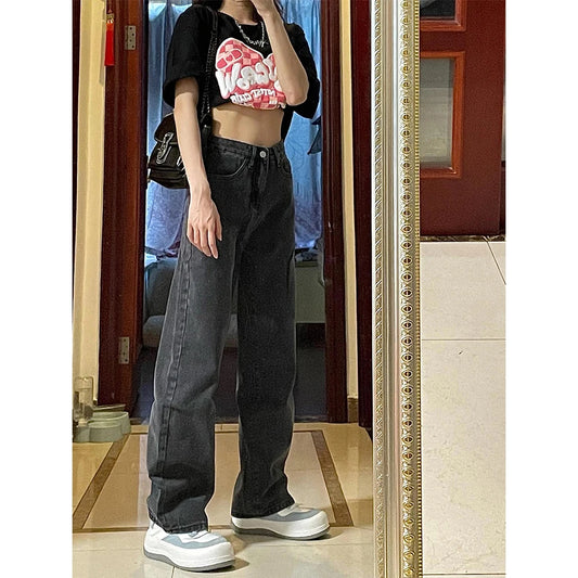 150cm Petite Short Girls Black Grey Jeans Women Low Waist Denim Trouser Straight Wide Leg XS Cropped Length 88cm Basics Casual Women Jeans - Girls Jeans