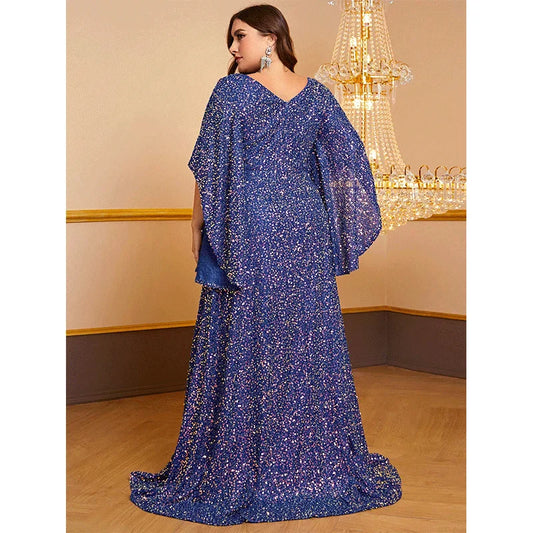 Plus Size V Neck Shiny Long Irregular Sleeve Evening Dress 5XL6XL Big Size Shiny Luxury Black Wedding Banquet Evening Dress Women Plus Size Clothing - Women Prom