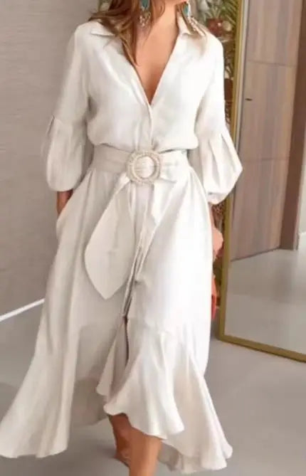 Summer Dresses Elegant Office Ladies Clothing Work Lantern Sleeve Ruffle Hem Pocket Design Asymmetrical Women's Plain Maxi Dress