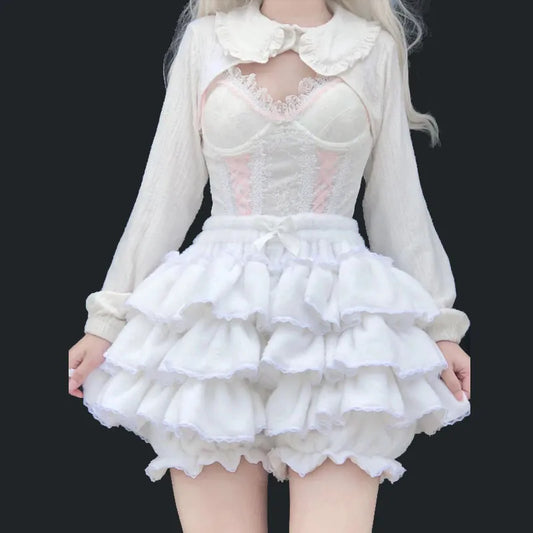 Victorian Sweet Lolita Short Pants Woman Bow Ruffles Elastic Waist Safety Shorts Winter Warm Multilayer Fleece JK Bloomers Women Shorts - Women Tees - Women Lingerie