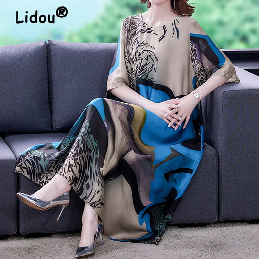 Ladies O Neck Loose New Vintage Printed Silk Midi Dresses Robe Spring Summer Dress Women Elegant Party Vestidos women prom women contemporary
