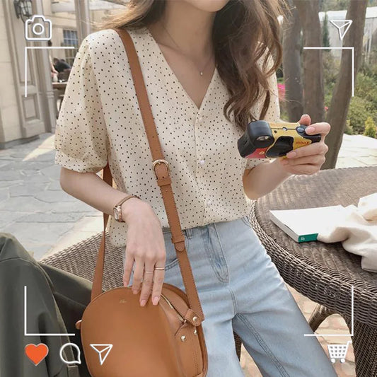 South Korea Chic Top Woman Summer Preppy Style Girls V Neck Dot Button Shirts Blouse Black Flhjlwoc Fashion Japan Clothes Women Casual - Women Tops - Women Dress For Work