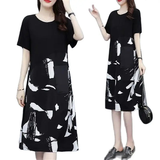 Crew Neck Printing Dress Female Summer New Coat Fat Mom Show Thin Age Reduction Woman Autumn Splicing Bottoming Dress Women Casual - Women Tops