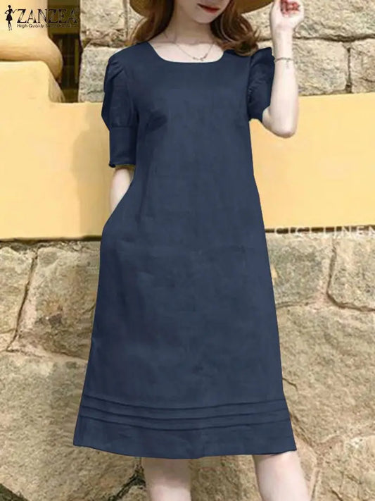 Woman Summer Dress Fashion O Neck Holiday Sundress ZANZEA Elegant Cotton Dresses Femme Short Sleeve Vestidos Party Robe Women Dress For Work - Women Plus Size Clothing