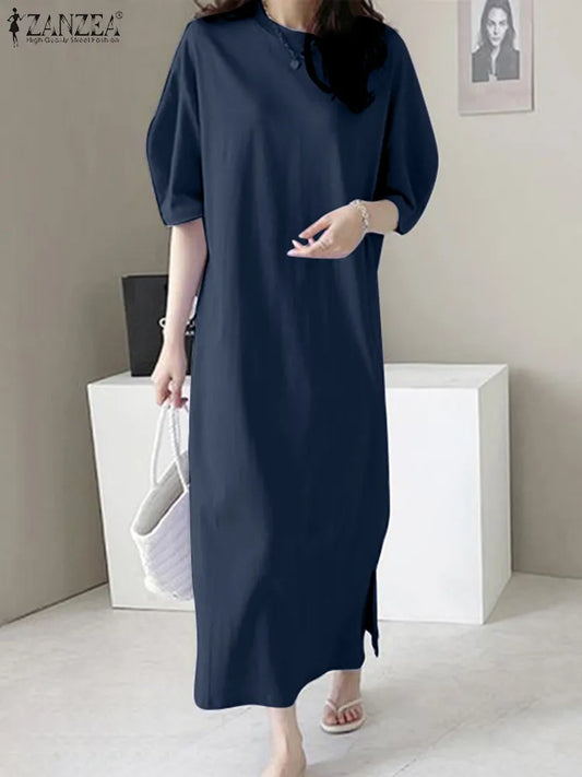 ZANZEA Oversize Summer Maxi Long Woman Holiday Sundress Casual Short Puff Sleeve Work Vestidos Female O Neck Robe Femme Women Work Dress