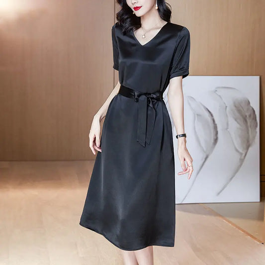 Loose Smooth Satin Dress Woman Solid Colors Lace Up High Waist Midi Dress Ladies Plus Size Bodycon Dress Summer Women Dress For Work - Women Prom