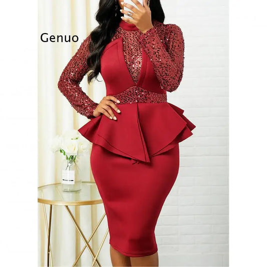 Autumn Customization Heavy Industry Diamonds Sexy Club High-End Fashion Solid Full Sleeve Pencil Midi Dress Women Dress For Work