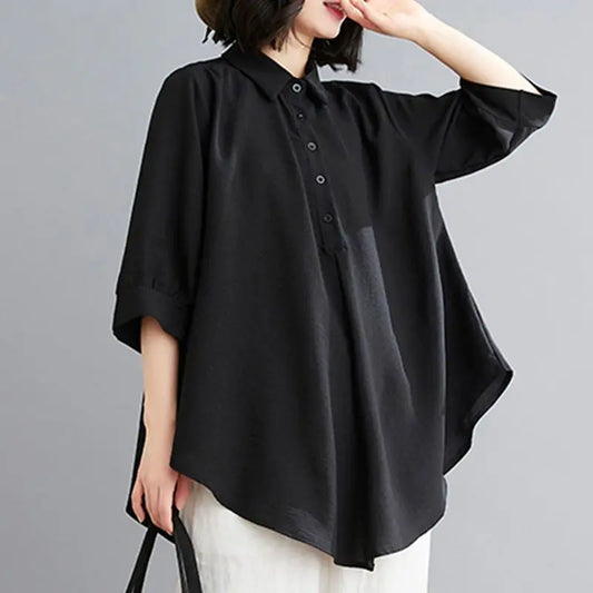 Vintage Loose All-match Blouse Summer New Polo Neck Button Solid Color Shirt Tops Elegant Women Casual - Women Plus Size Clothing - Women Tops