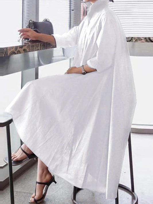 VONDA White Dress Woman Sexy Turn-down Collar Asymmetrical Party Dress Office Ladies Sundress Vestido Robe Women Casual - Women Dress For Work