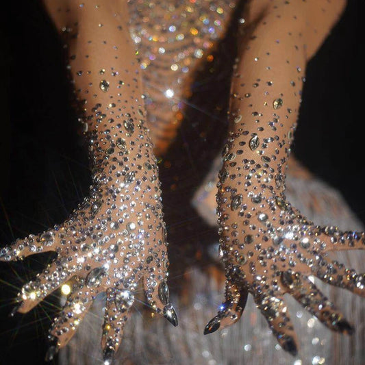 Luxurious Stretch Rhinestones Gloves Women Sparkly Crystal Mesh Long Gloves Dancer Singer Nightclub Dance Stage Show Accessories - Women Jewellery - Girl Jewellery - Women Accessory - Girl Accessory