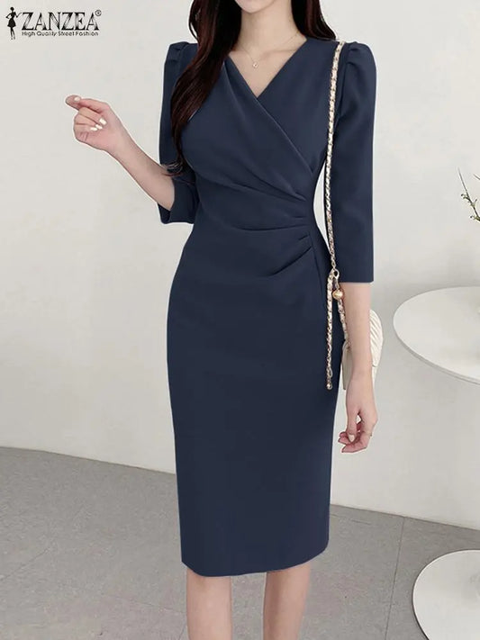 ZANZEA Autumn Elegant Woman 3/4 Sleeve Dress Sexy V-Neck Bodycon Dresses Summer OL Work Knee Length Back Zipper Vestidos Women Work Dress - Women Tops